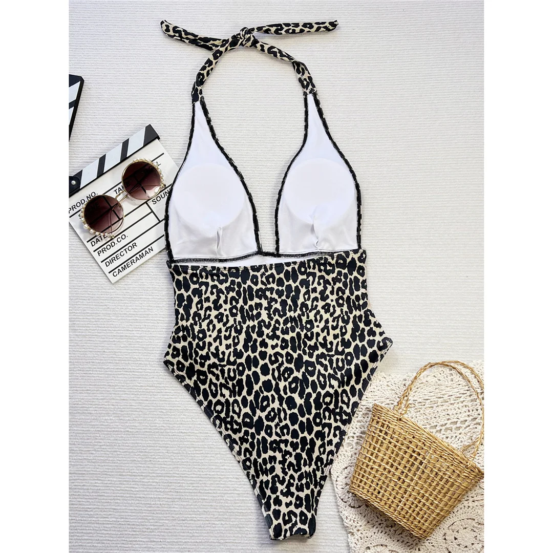 Sexy Leopardenmuster, tiefer V-Ausschnitt, Neckholder, einteiliger Badeanzug, Damen-Badebekleidung, rückenfreier Monokini, gepolsterter Badeanzug, Badeanzug, Modell V6625. – Detail 8