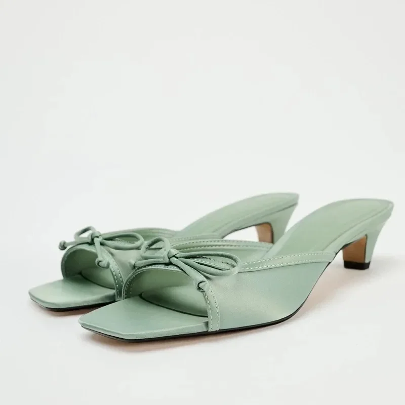 

Spring Products Block Heel Satin One Bow Versatile Sandals and Slippers Women's New Open Toe Temperament High Heels