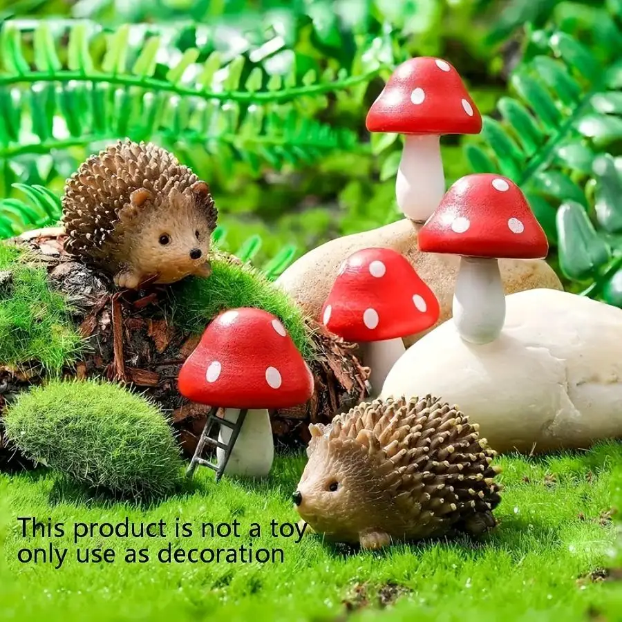 6 Fairy Wild Garden Accessories Mini Hedgehog and Mushroom Statues Micro Landscape Flower Pot Bonsai Craft Decoration Micro Mush