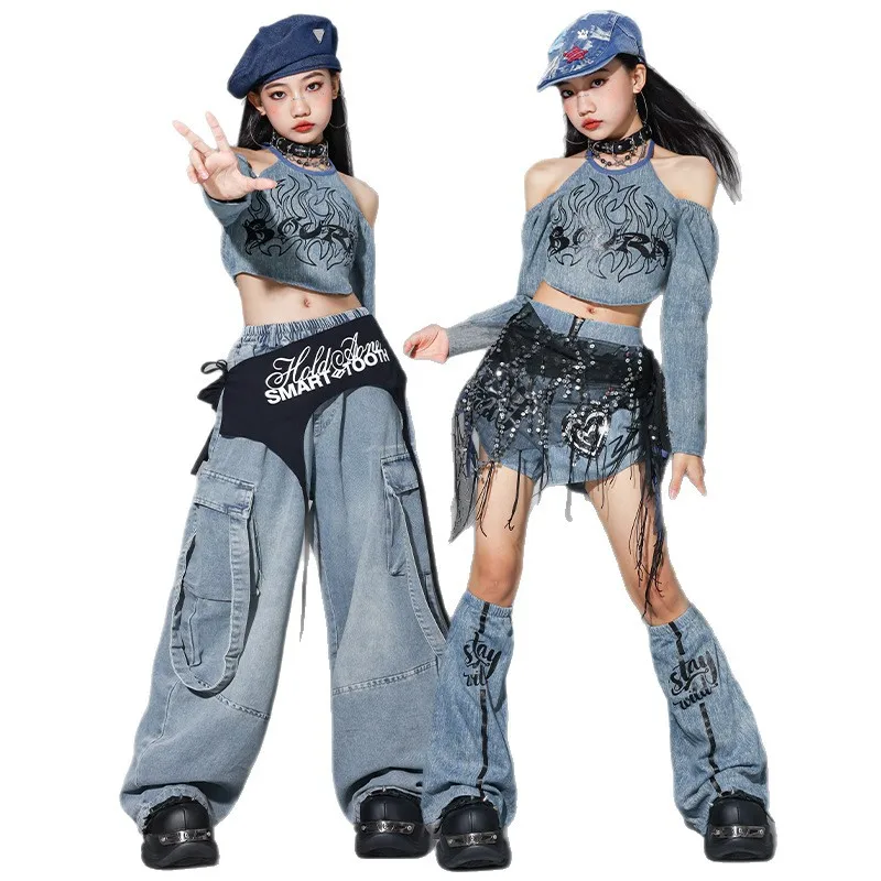 Girls K-pop Print Crop Top Cargo Pants Dance Joggers Kids Hip Hop Streetwear Costume Children Jazz Girl Group Clothes Sets