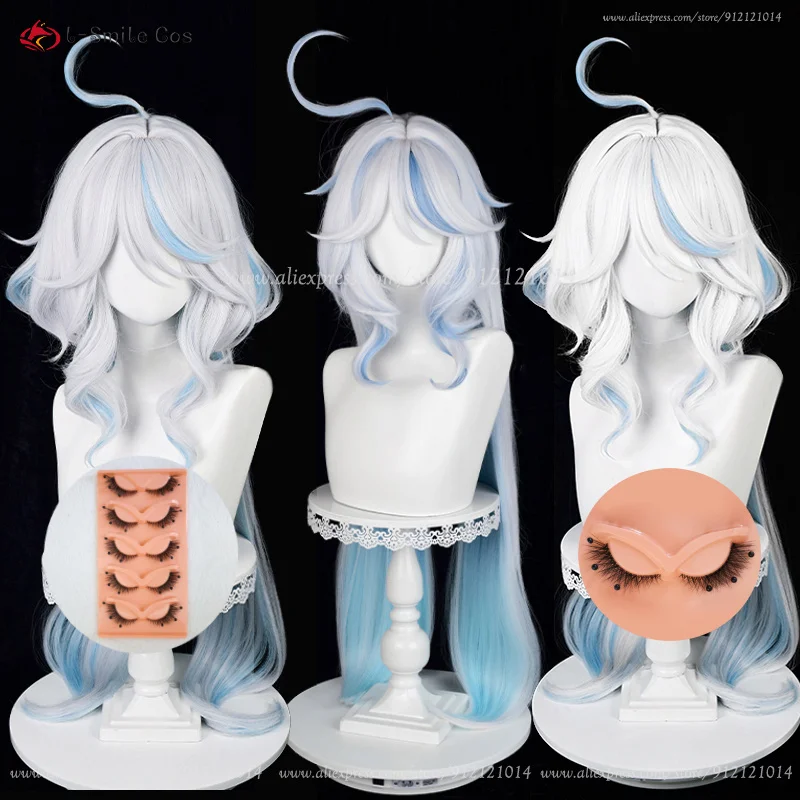 Sainte Focalors Cosplay Perucas Longas Encaracoladas para Mulheres, Peruca Furina, Cabelo Resistente ao Calor, Perucas Anime, Azul e Branco, Boné, 100cm