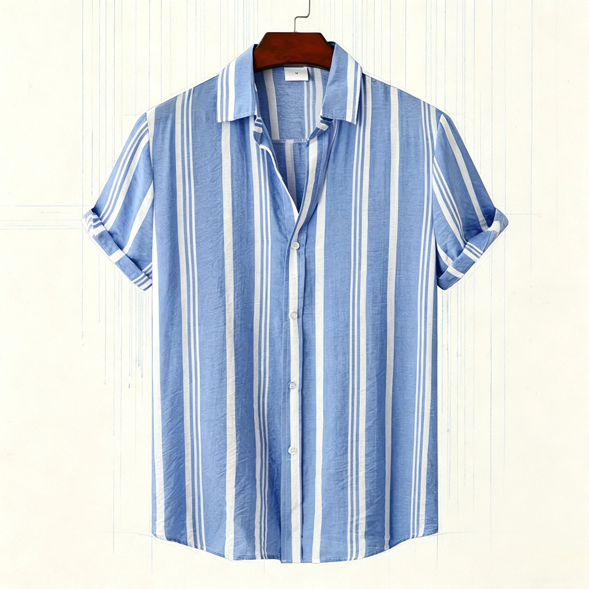 Men Lapel Short Sleeve Shirt Navy White Vertical Stripe Print Loose Breathable Summer Daily Button Casual Tops