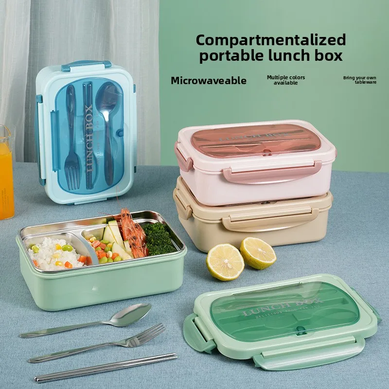 1pc lunch box with two compartments, built-in cutlery set, reusable and microwave heated (with lid removed), suitable for kitche