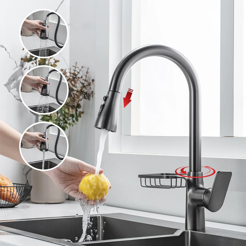 

Modern Solid Brass Kitchen Faucets with Drain Rack Drop Down 3 Mode Sprayer Swivel Kitchen Sink Faucet Hot Cold Water Mixer Taps