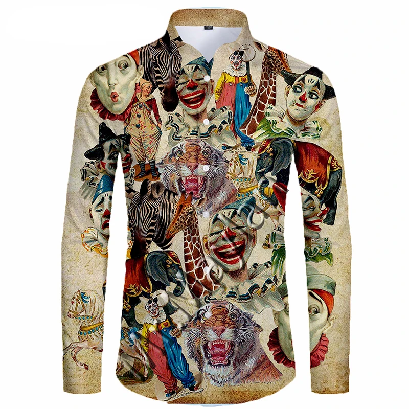 

2024 New 3D Printing Circus Clown Hawaiian Fashion Comfortable Shirt Men's Funny Long Sleeve Spring And Autumn Top Casual