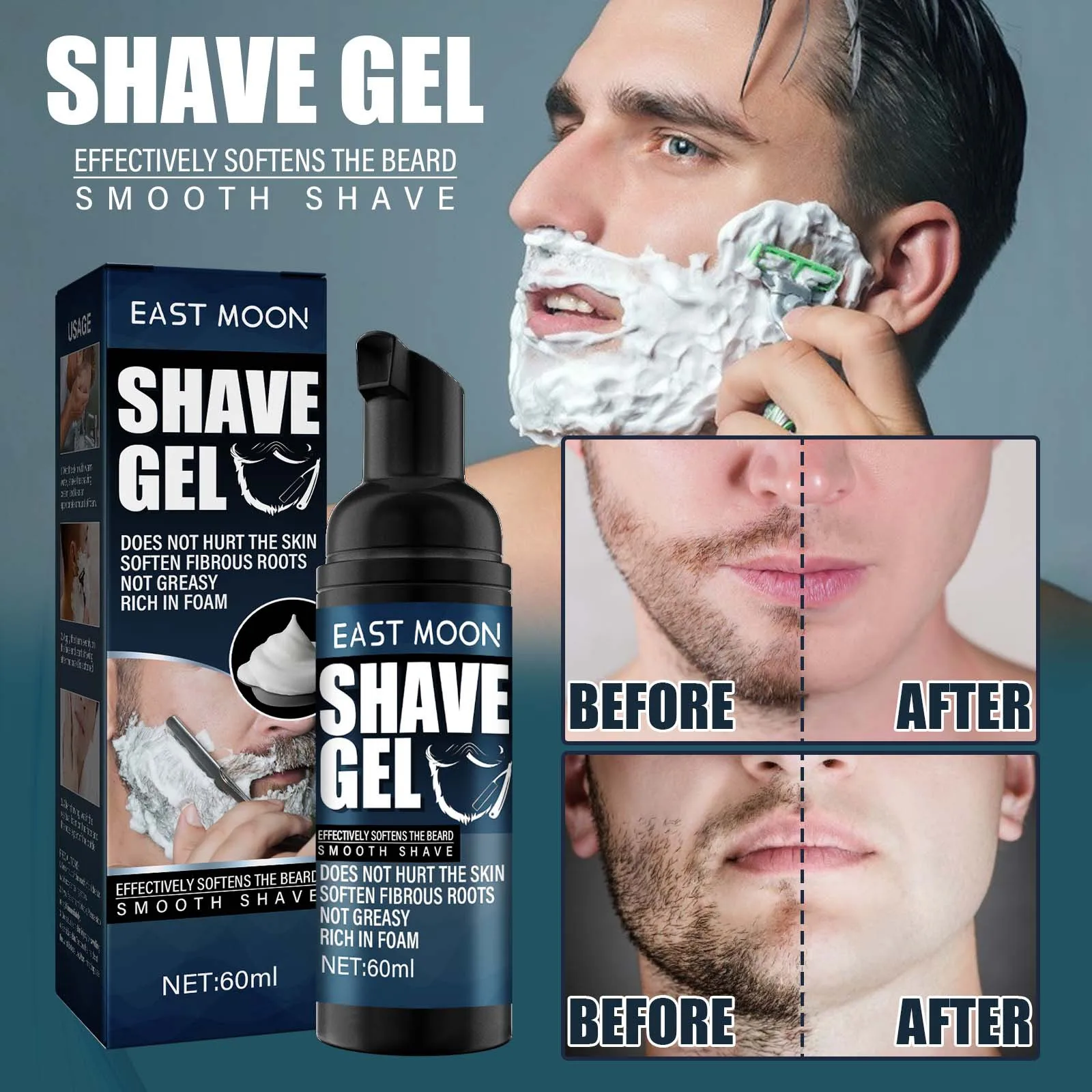 Gel de barbear para homens, Prevenção de corte, Amaciar a barba, Anti alergia, Limpeza indolor, Suave, Proteja a pele, Confortável, Creme de barbear