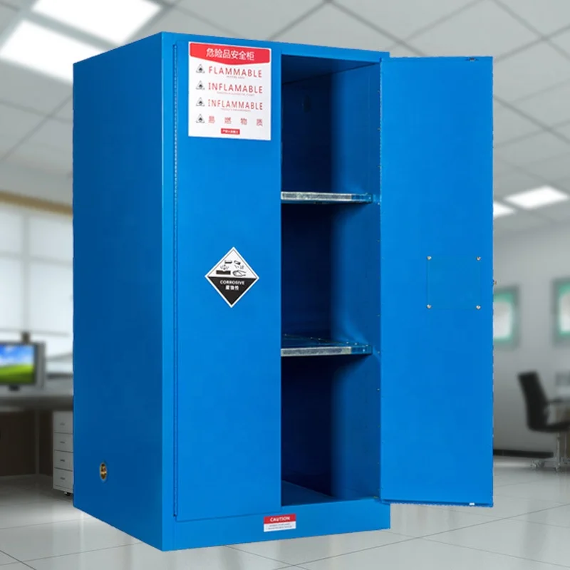 خزانة تخزين حمض بقفل مختبر كيميائي أزرق مقاومة للحريق، غطاء أمان من الفولاذ بالكامل، خزانة تخزين سائلة