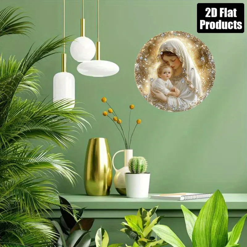 2D شقة، 1PC مريم العذراء والشباب موضوع جولة الألومنيوم علامة الديكور الفن، ديكور خمر، عالية الوضوح 2D الألومنيوم Sig