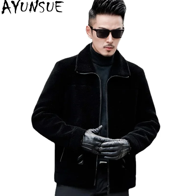

AYUNSUE 100% Sheep Shearing Coat Men Warm Real Fur Jacket Male Black Short Wool Jacket Man's Winter Outwear Abrigo Hombre SQQ746