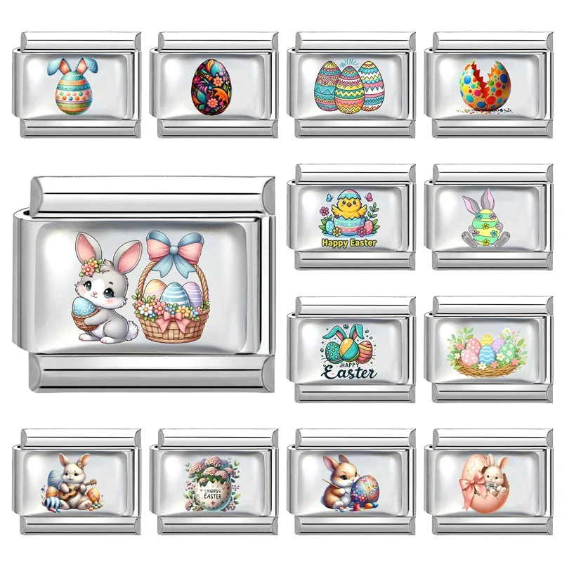 2026 New Y2K Colorful Rabbits Eggs Easter chick Italian Charm Link fit 9mm Stainless Steel Jewelry DIY Making Bracelets For Gift
