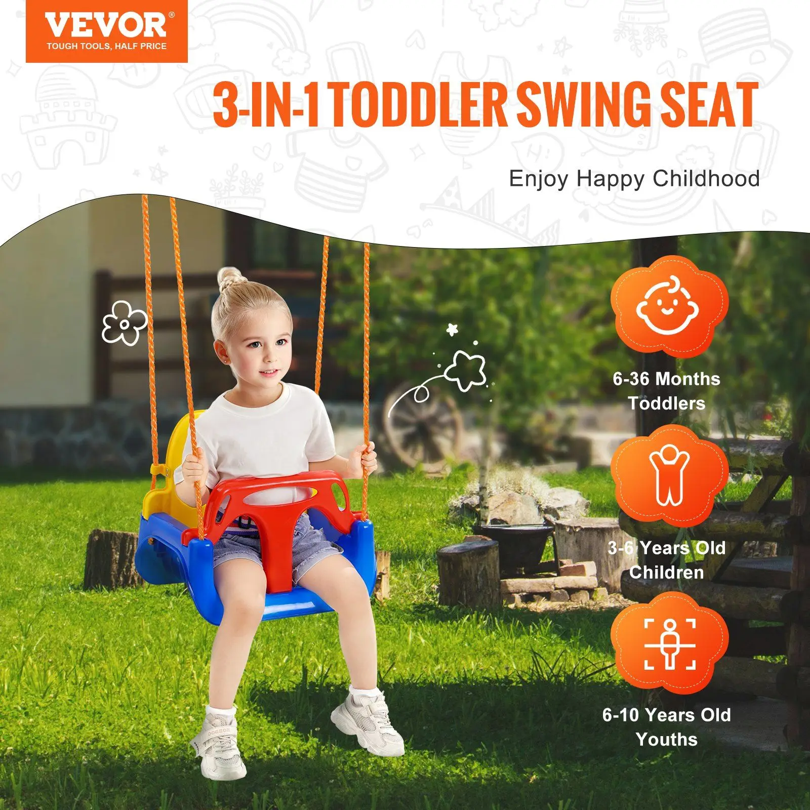 3-in-1 Toddler Swing Seat Baby Swing Seat with Adjustable Ropes Snap Hooks