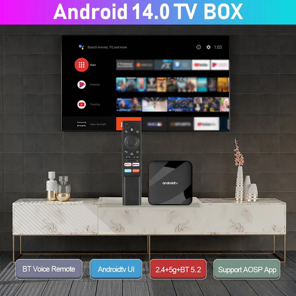 Android 14 TV Box 8K HD Smart Set Top Box AV1 2.4G&5G Dual WIFI BT Voice Remote 3D Video Media Player Home Theater TV Box