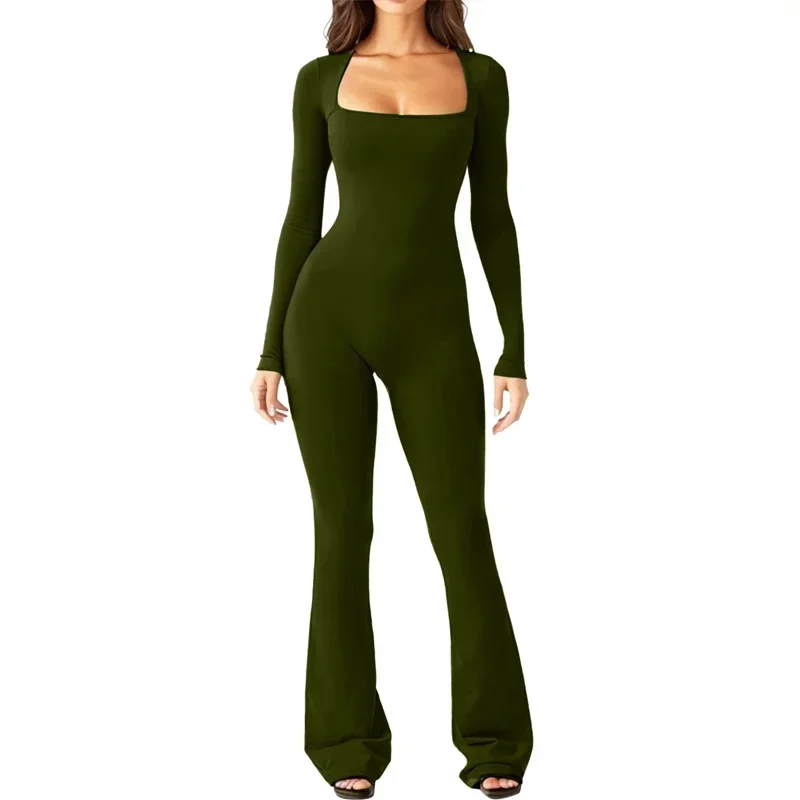 

Casual Long Sleeve Sexy Rompers Women Clothes Fashion Slim Square Neck High Waist Women's Jumpsuit Solid Elegant Bodysuits 30066