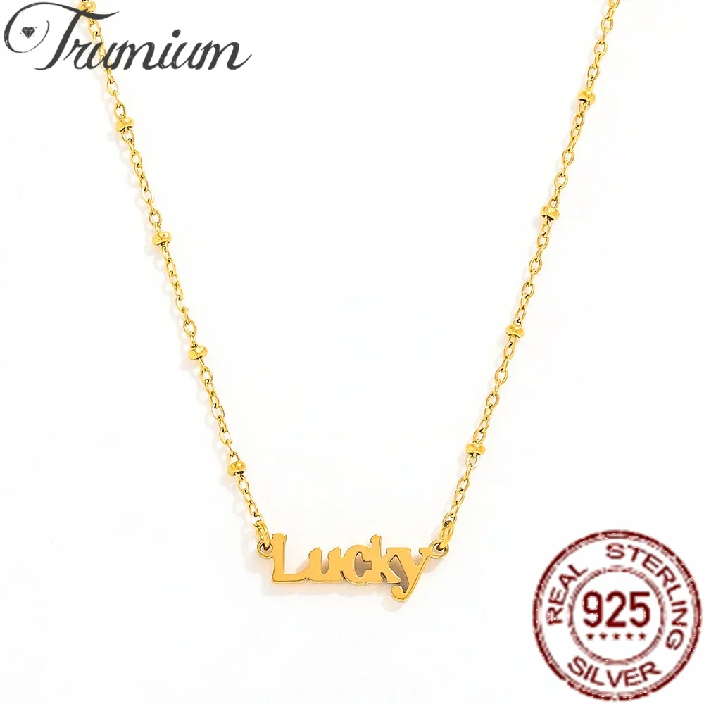 Trumium S925 Sterling Silver Plated 18K Gold Lucky Alphabet Pendant Necklace Women Collarbone Chain Talisman Daily Accessories