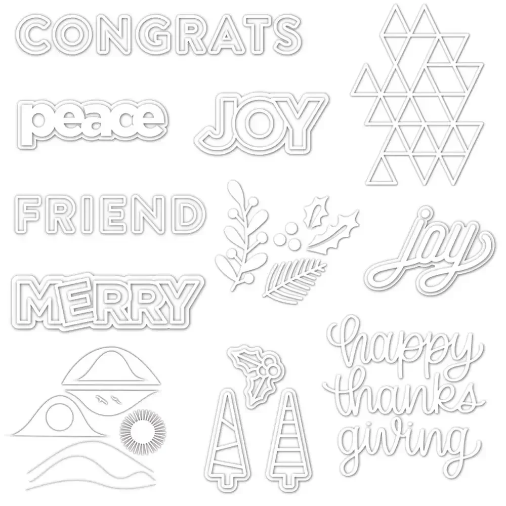 Holiday Sentiment Word & Winter Plant Metal Cutting Dies For Scrapbooking Handmade Greeting Card Making Paper Craft Die Cuts