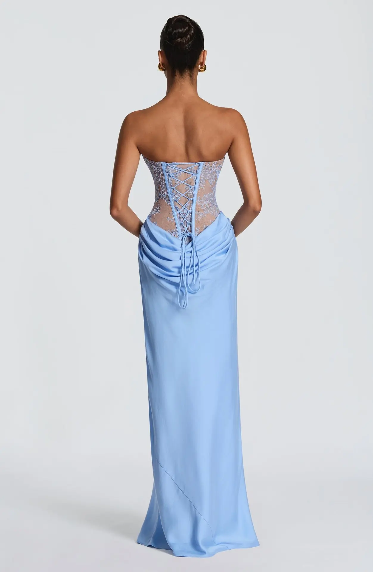 Trägerloses Spitzenkorsett-Maxikleid im Meerjungfrauenstil für Damen, drapiertes formelles Abendkleid für Partys – Detail 8