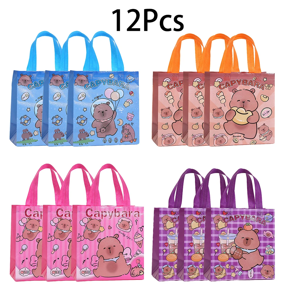 12Pcs Cartoon Animal Capybara Theme Non-woven Gift Packing Bags School Storage Bag for Kids Birthday Back To School Party Decor