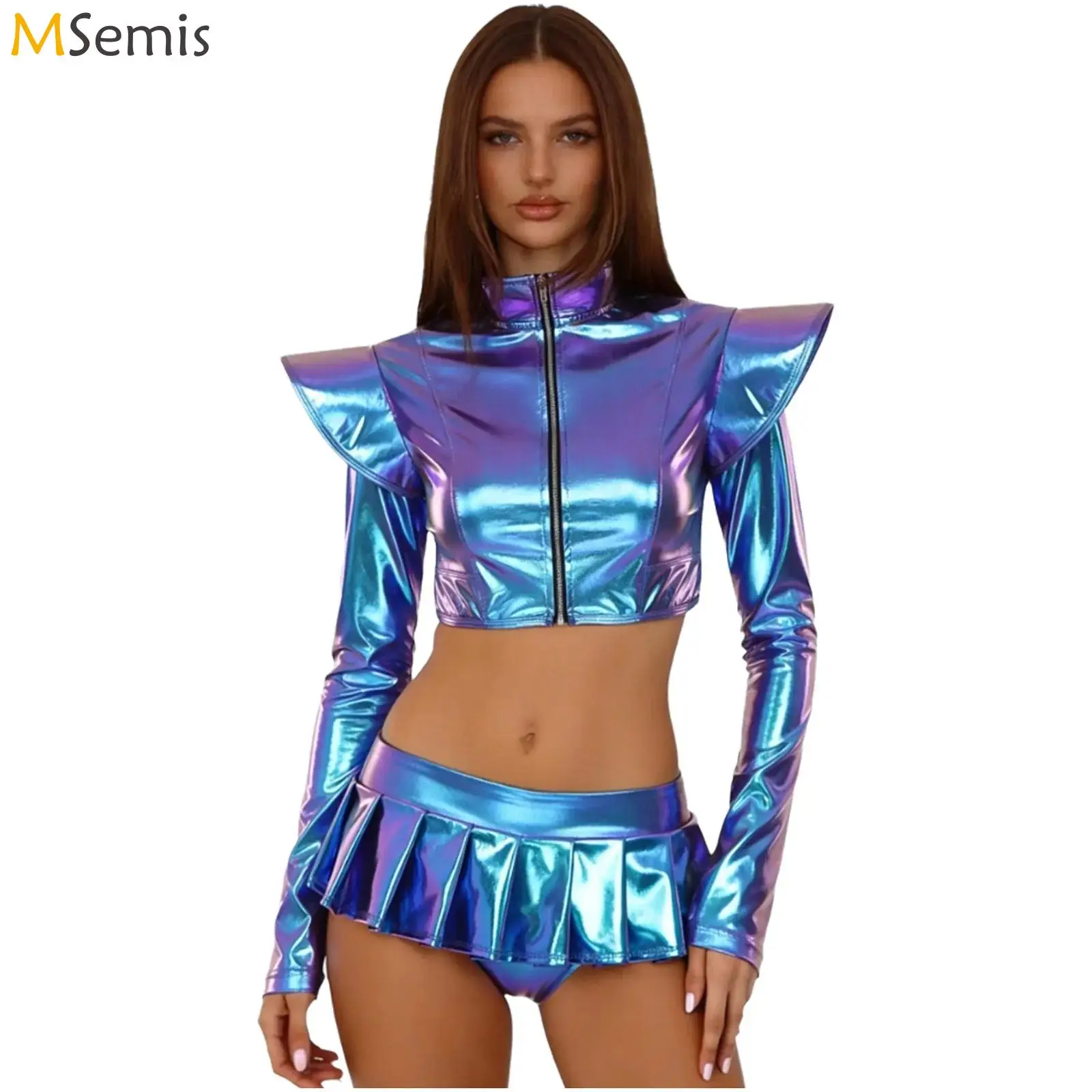 

Женский переливающийся металлический наряд для джазовых танцев, структурированная укороченная куртка с длинными рукавами и плиссированная мини-юбка-кюлоты Raves Party Club