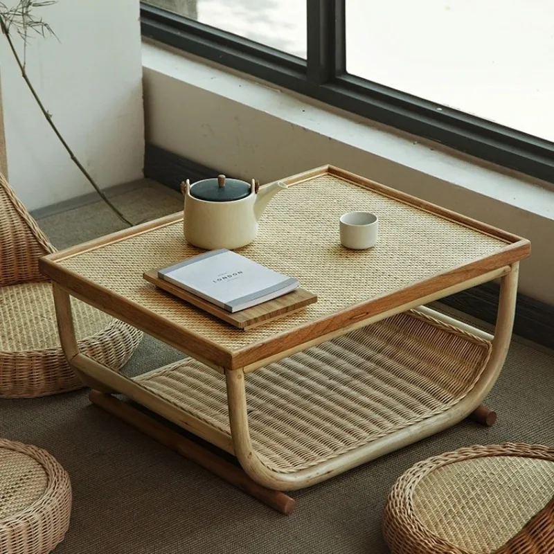 

Japanese Tatami Low Floor Tea Table Solid Wood & Rattan Bay Window Coffee Table for Small Apartment Bedroom Use