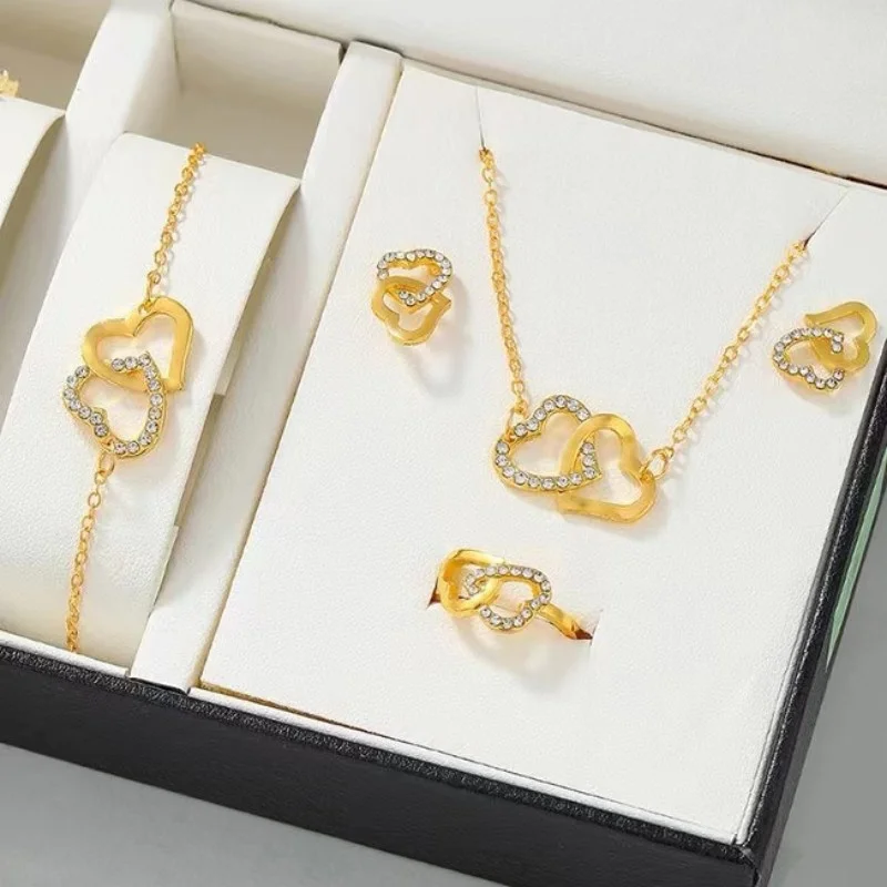 5PCS Elegance Double Heart Rhinestone Jewelry Set for Women - Includes Necklace, Earrings, and Ring