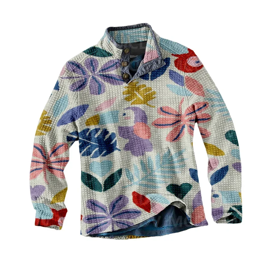 Men's Long Sleeve Casual Top Retro Flower Print Men's Polo Pullover Men Autumn Winter Sweater