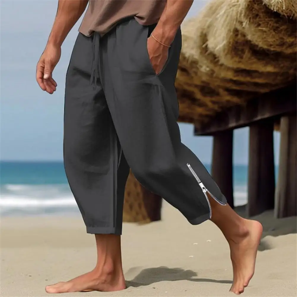 

Men Summer Beach Harem Pants Loose Side Pockets Drawstring Zipper Legs Gym Training Jogging Sweatpants Ninth Trousers 아홉 번째 바지