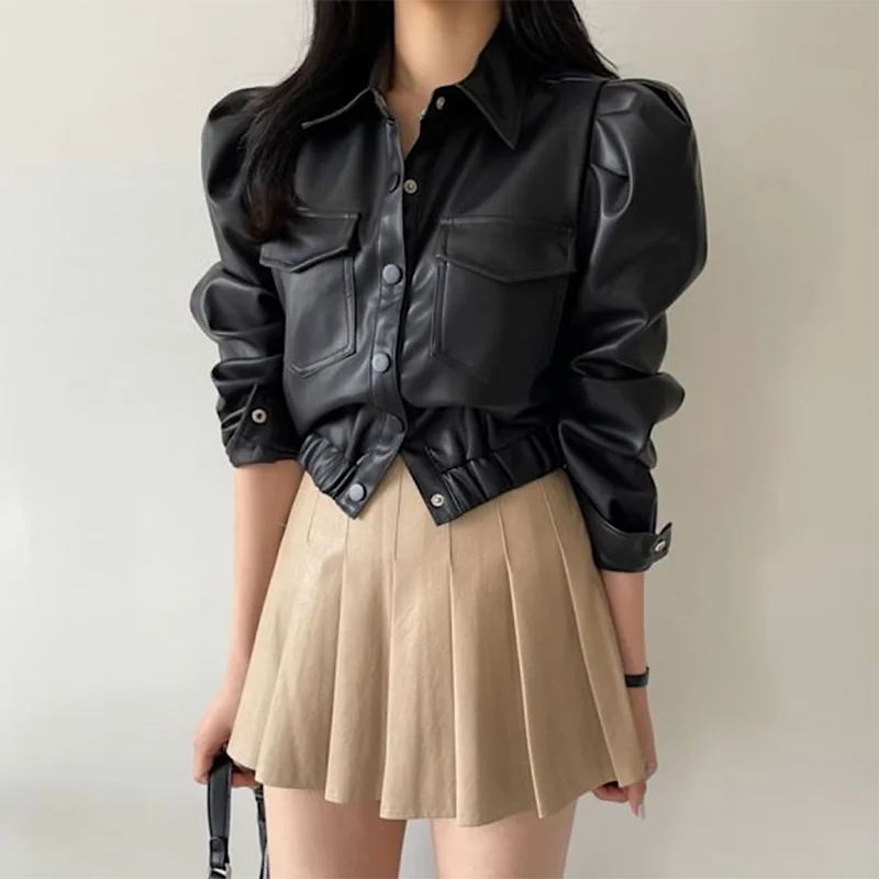 

Retro Chic Leather Jaet Coat High Waist Pleated Skirt Set Single Button Notch Collar Faionable Outerwear Ensemble