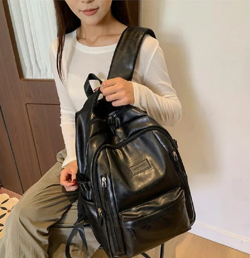 New Fashion Men Women's Soft Leather Backpacks High Capacity Double Zipper Shoulder Bags Notebook Shool Bag Travel Backpack