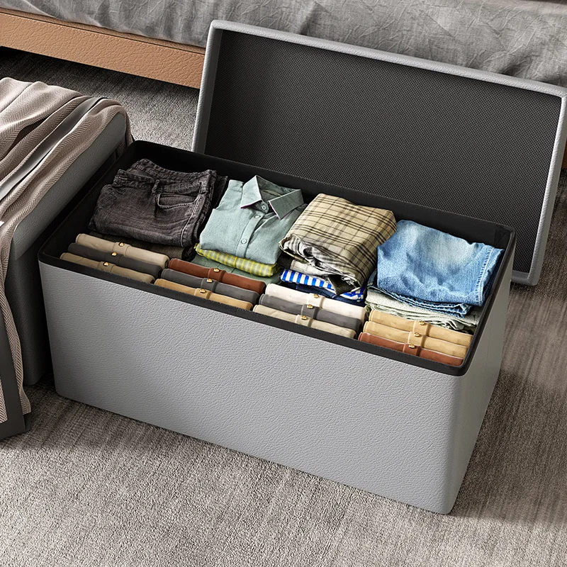 Versatile leather folding rectangular storage stool for family use to store shoes, toys and snacks - modern design