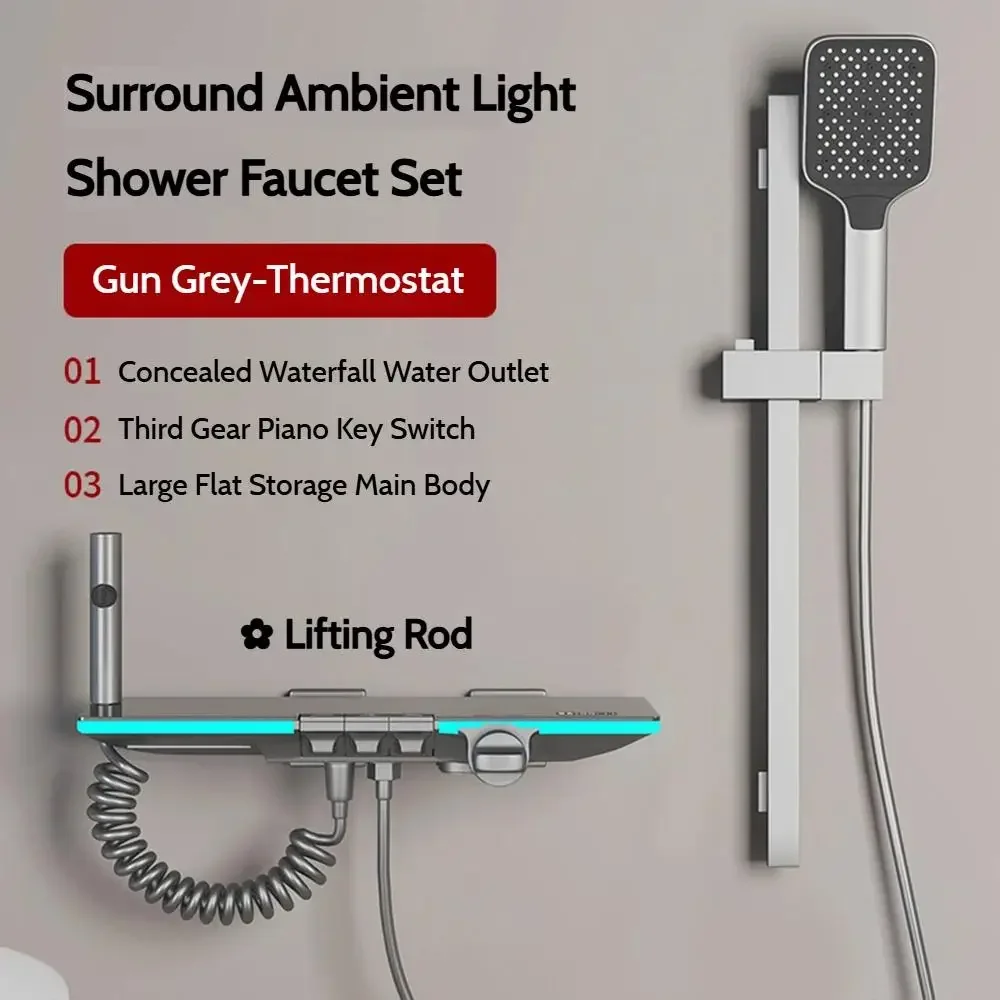 Grey Thermostatic Smart Shower Set Bathroom Piano Button Ambient Light Waterfall Shower Set Digital Display Showers Faucet Set