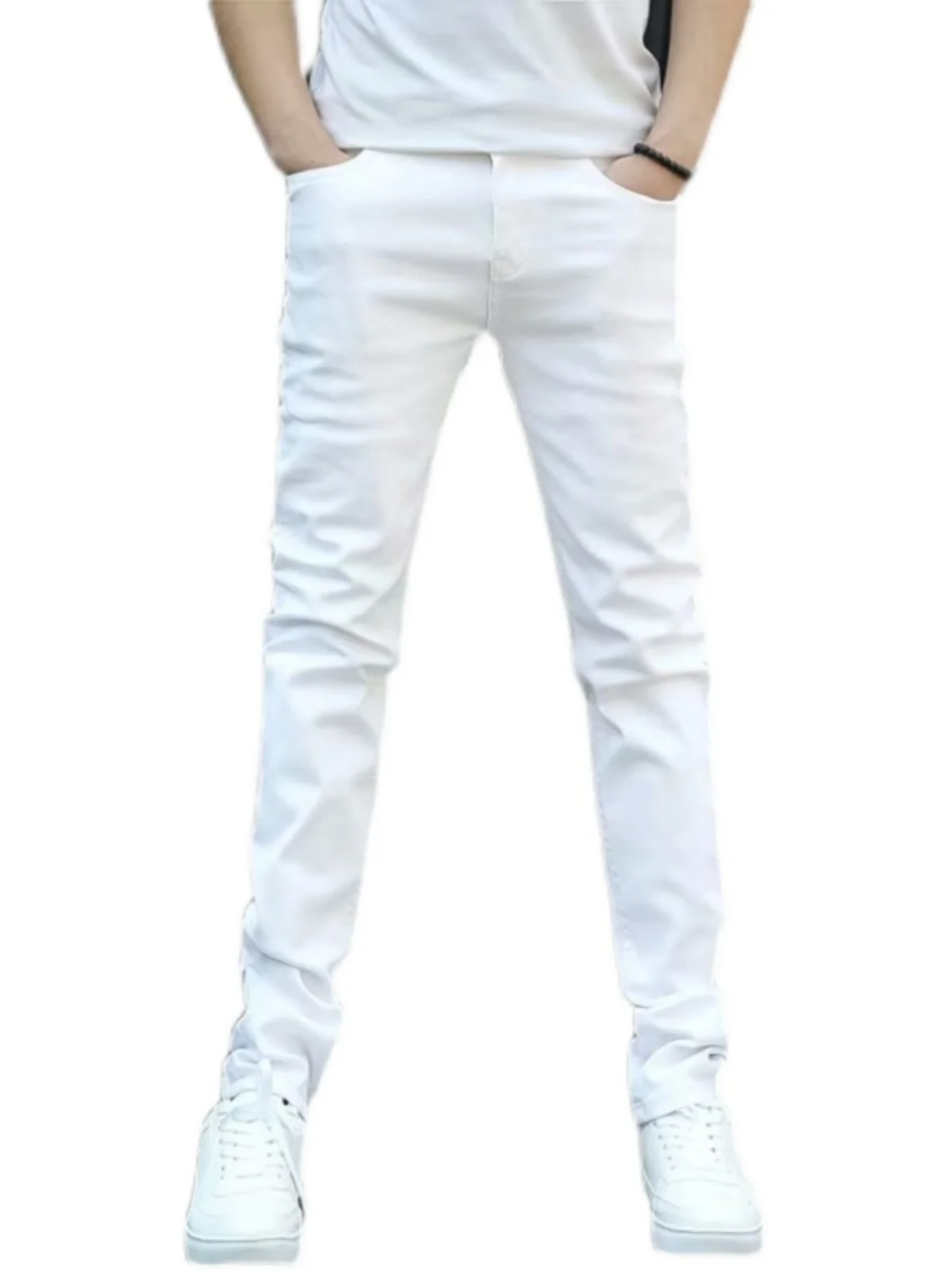 

Белые мужские облегающие джинсы, повседневные длинные брюки с эластичной резинкой на талии, прямые джинсовые джинсы, модные мужские брюки на четыре сезона