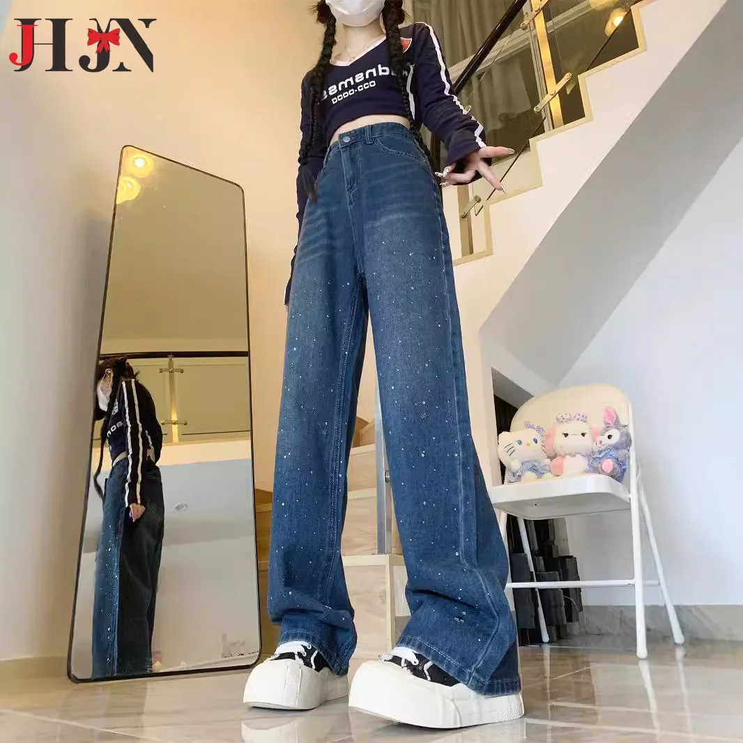 Women's High quality Slim Versatile Straight Pants Long pants 2024 heavy industry Full sky star Diamonds Jeans