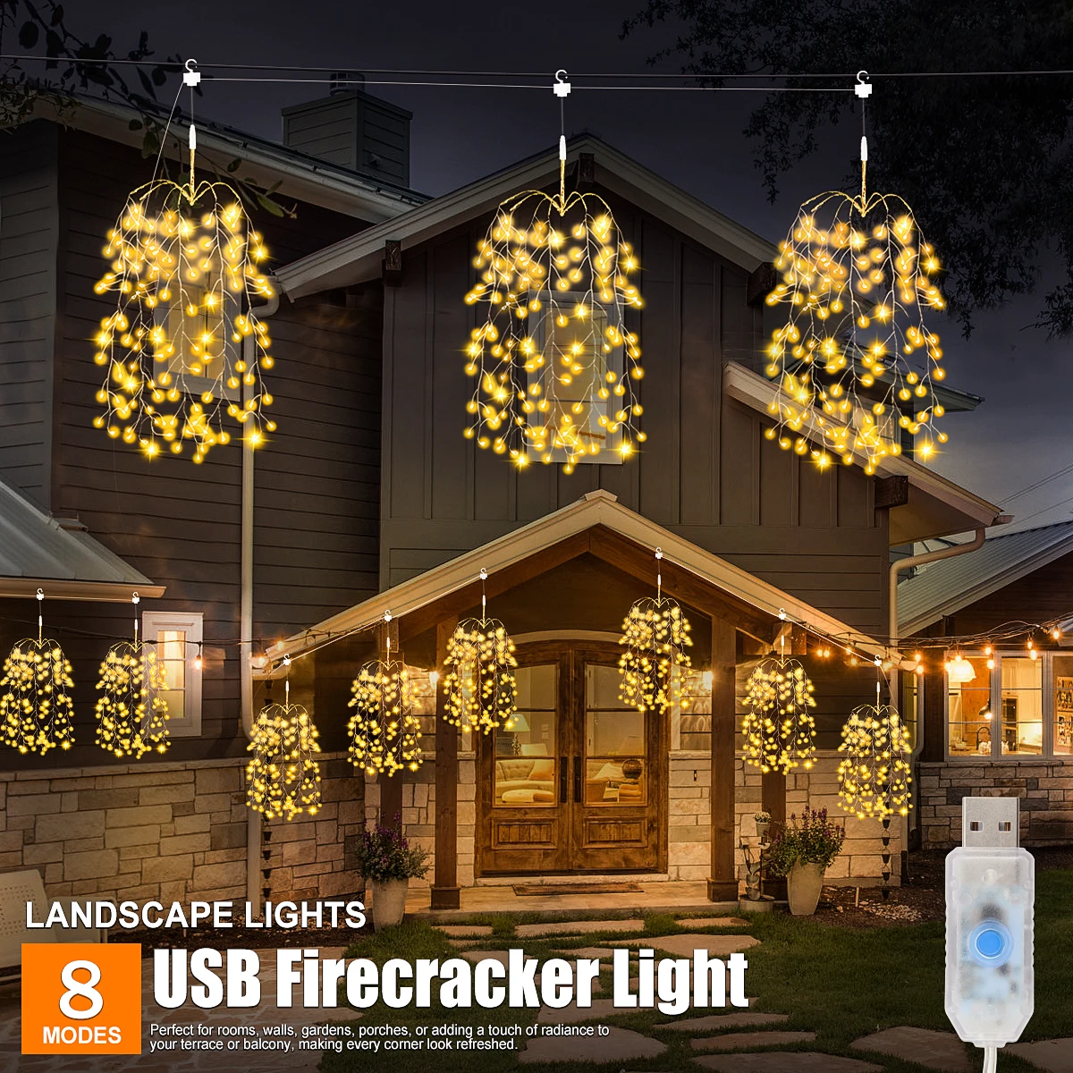 Solar Fireworks Lights Hanging Firecracker Light String  8 Lighting Modes for Halloween Party Christmas Decoration Ambient Light