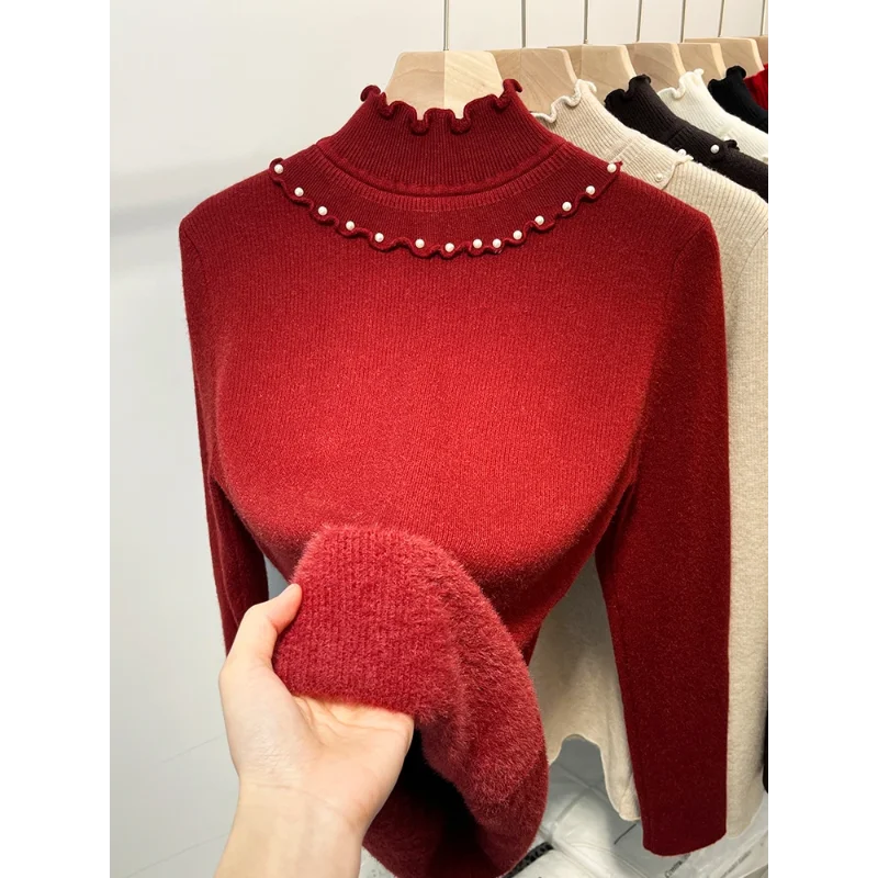 

Женская утолщенная трикотажная рубашка с воротником до половины черепахи, осенне-зимняя внутренняя многослойная рубашка плюс бархатный свитер, красный топ