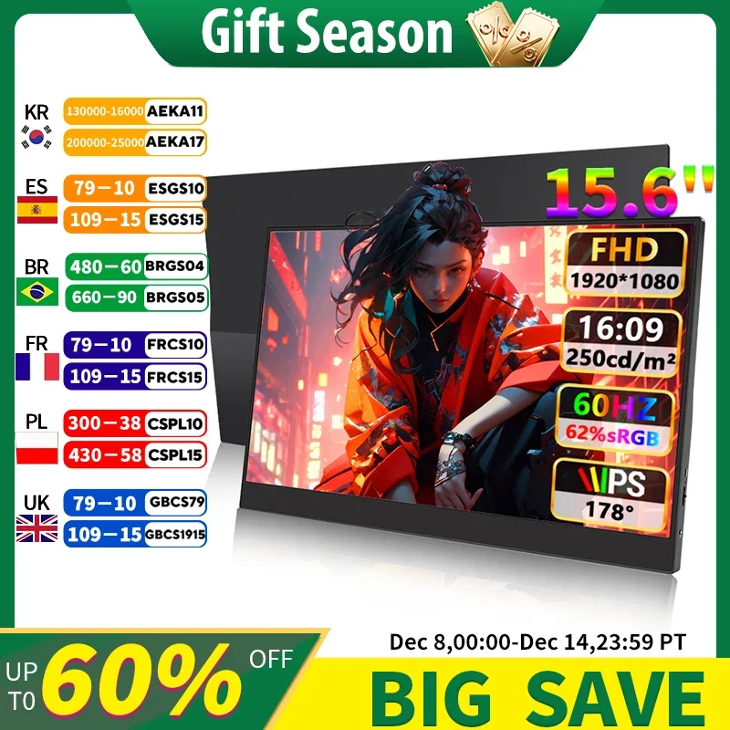 

Portable Monitor 15.6'' FHD 1080P Ultra-thin gaming monitor Built-in speaker HDR Plug & Play External Monitor for Laptop PC Mac