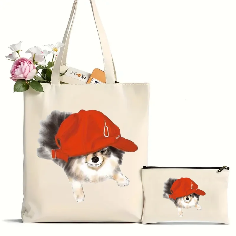 2Pcs Stylish K-pop Album Red Hat Dog Art Canvas Tote Bag, Portable Cartoon Shoulder Bag, Large Capacity Shopping Handbag