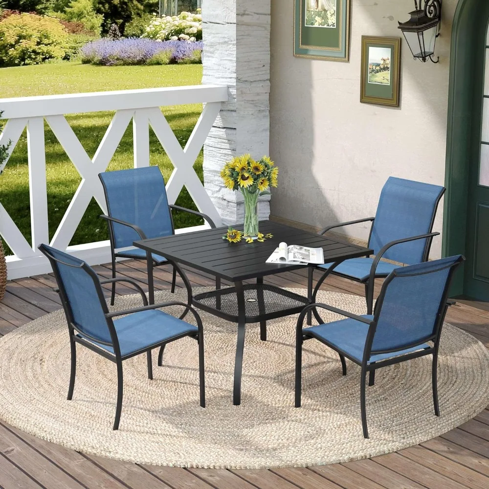 

5 Pieces Outdoor Dining Table Chair Set, Patio Dining Set with 1 Black Square Curved Legs Table with and Umbrella Hole & 4 Blue