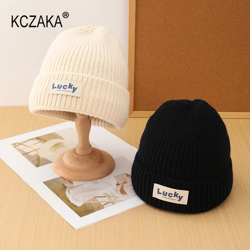 

KCZAKA Autumn Winter Patch Knitted Beanies Unisex Casual Warm Letter Slouchy Beanie Hat Ladies Double Layer Snow Skiing Hats