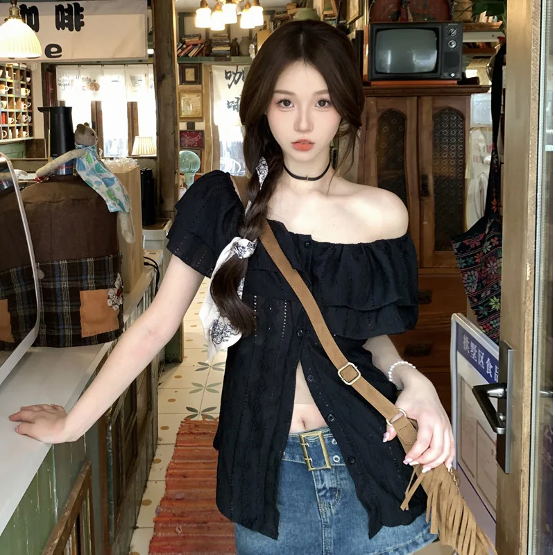 

Off Shoulder T-Shirt Korean Tops Womens Young Outfits Spring Autumn Winter Floral Coffee Tees Unisex Gradient Multi Breathable