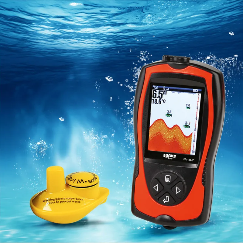 Lucky FF1108-1CW Fish Finder portatile Gamma 100M Profondità 45M Sonar wireless Profondità Sirena Menu russo Fish Finder Pesca