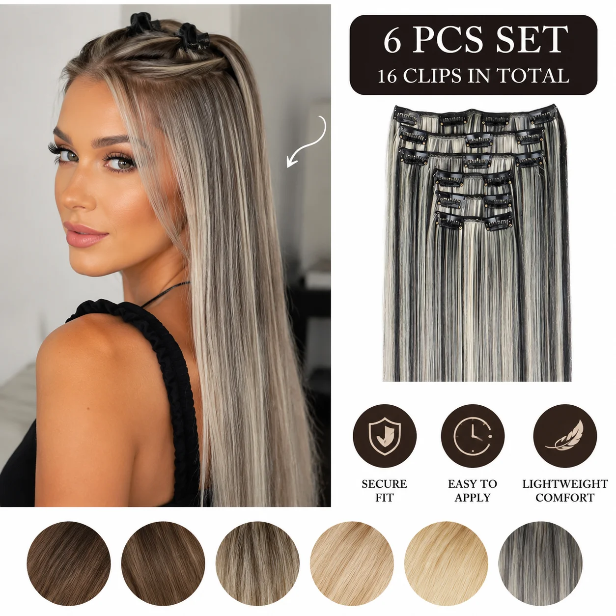 16 Clips in Hair Extensions 24Inchs Long Straight Hairstyle Synthetic Blonde Black Hairpieces Heat Resistant Fake Hair 6Pcs/Set
