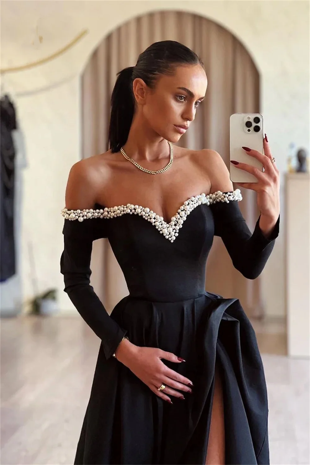 Jessica Black Elegant Wedding Dress Luxury Long Sleeve Pearls Prom Dresses A-line Side Slit Ladies Bespoke Occasion Dresses