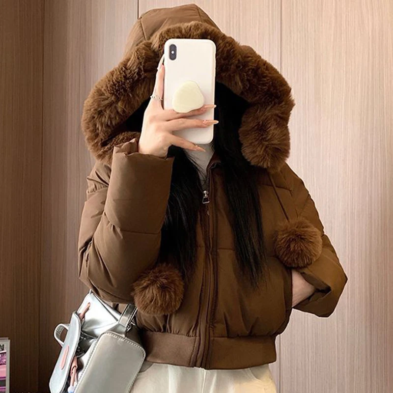 Warm Pink Women Puffer Coat Faux Fur Hood Cropped Padded Zip Up Short Jacket Pom Pom Drawstring Thick Winter Outerwear Top