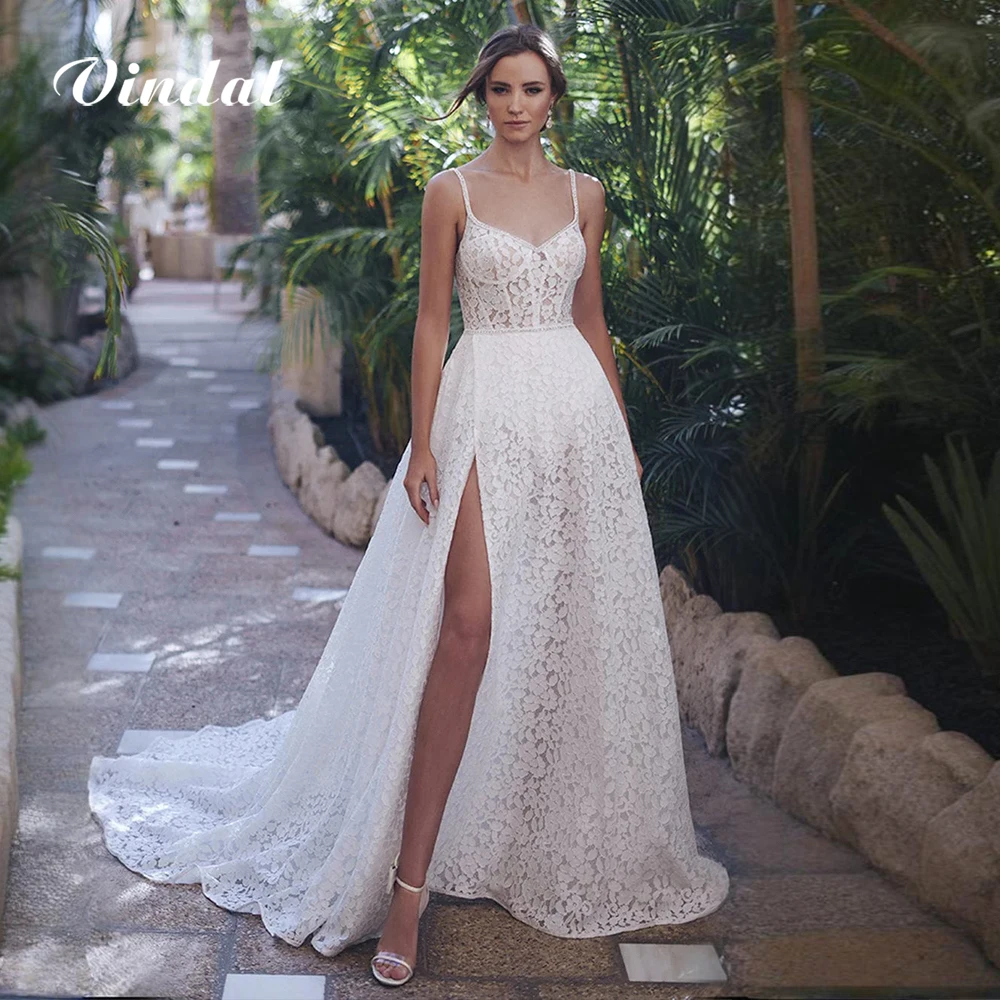 Suknia ślubna Vindal Boho, linia A, cała z koronki, 2026, seksowne ramiączka spaghetti, suknia ślubna z wysokim rozcięciem, Vestido De Noiva, możliwość personalizacji.