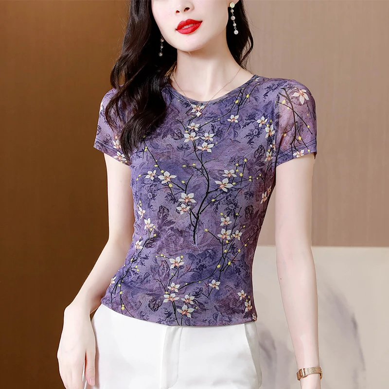 Korean Fashion Women Mesh T-shirt Round Neck Short Sleeve Casual Tops Summer Floral Printed Shirt