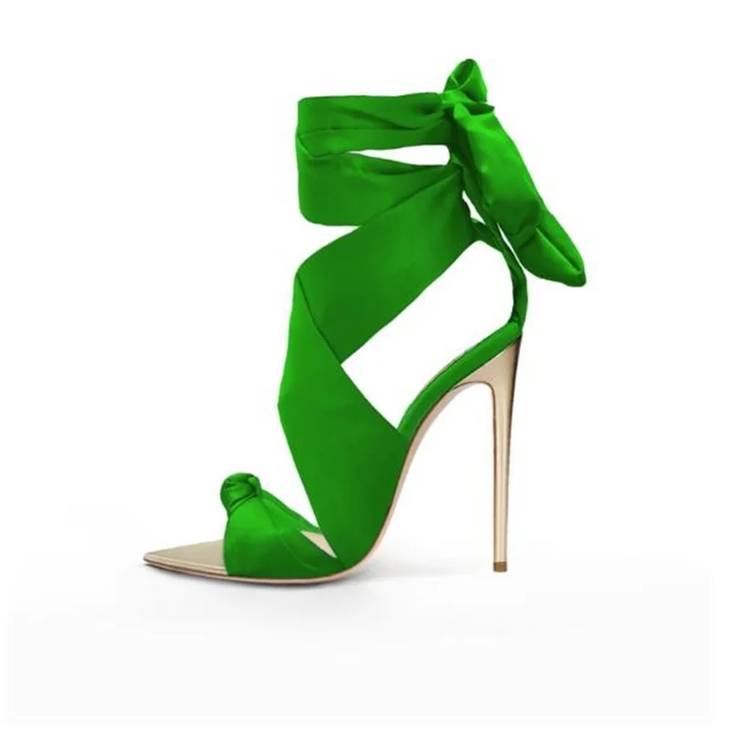 

Ribbon Lace Up Women Sandals Ankle Wrap Knot Front Open Toe Golden Heels Female Banquet Dress Shoes