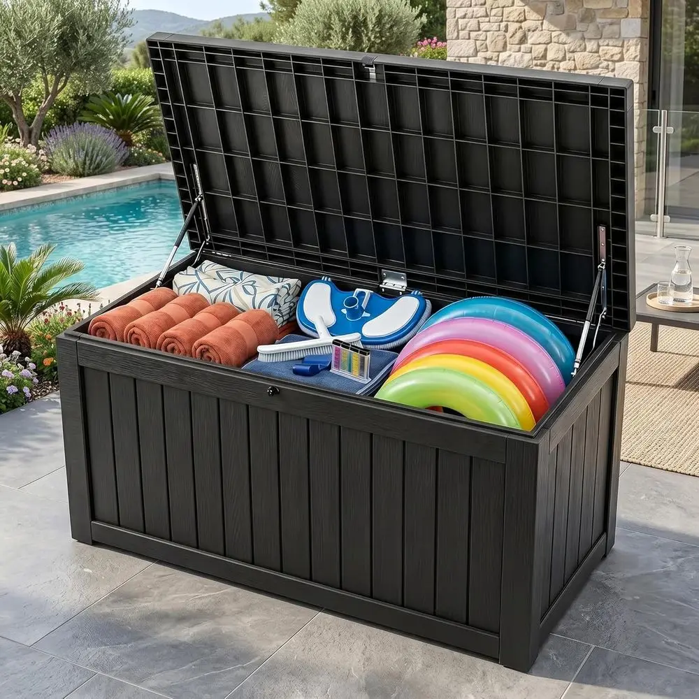 

Durable 258 Gallon Resin Deck Box - Outdoor Patio Storage with Lock, Weatherproof for Tools, Cushions, and Pool Supplies