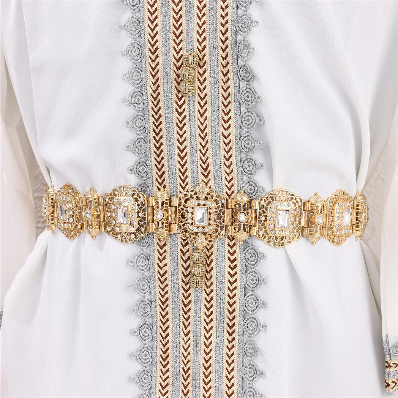 

Moroccan Abaya Belt Women'S Dress Hollowed Out Gold Waist Chain Large Rhinestones Embellished With Bridal Party Jewelry