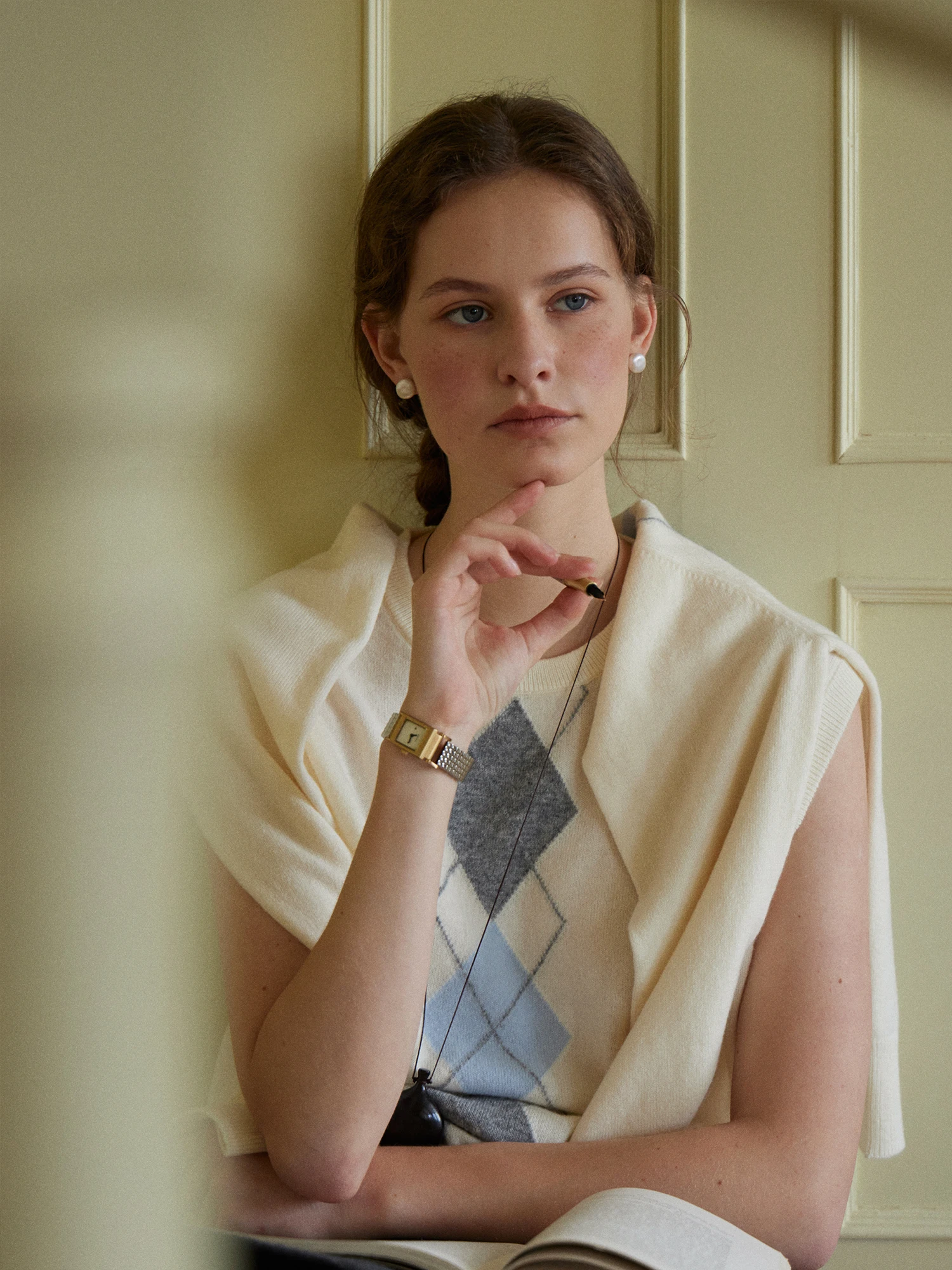 

Чистый шерстяной вязаный круглый жилет Ne, цвет ретро, блузка с ромбовидным узором, женский повседневный мягкий шерстяной свитер