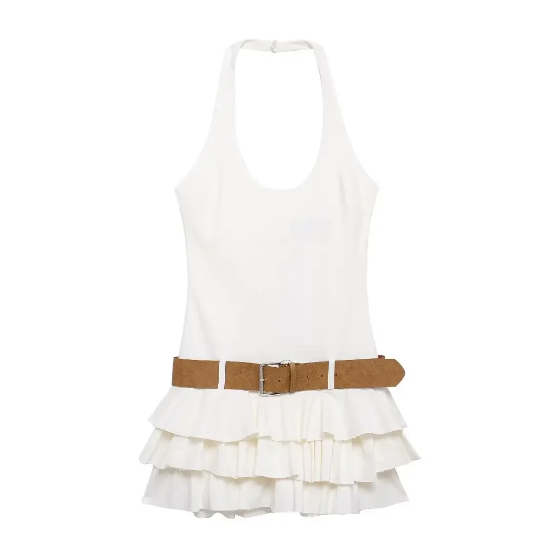 

Women's new fashion with belt layered decoration slim hanging neck mini dress retro sleeveless backless women's dress Mujer